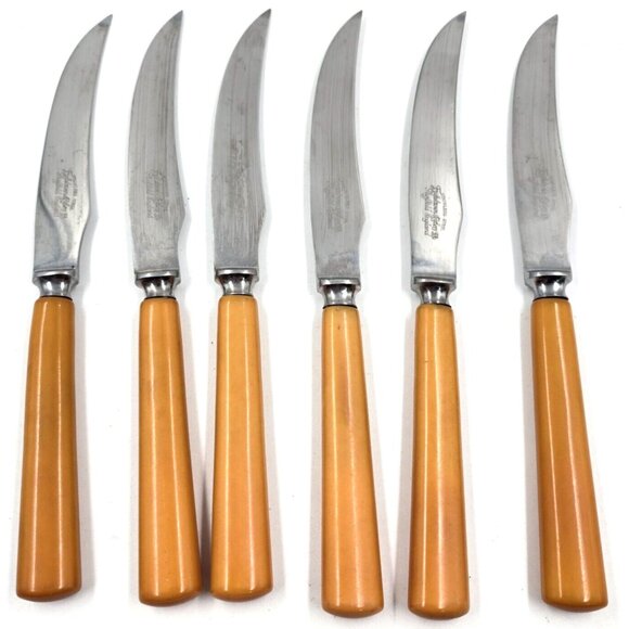 Englishtown Cutlery Sheffield England 6 Orange Bakelite Stainless Steak Knives - Picture 1 of 5